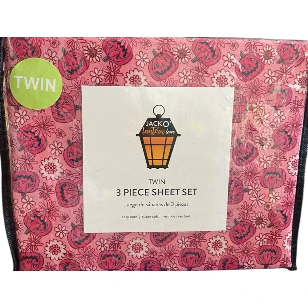 Jack O’Lantern Lane Twin Sheet Set Pink Pumpkins Flowers 3 Piece Halloween